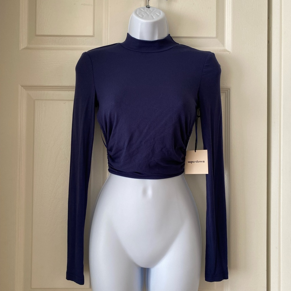 Superdown Navy Long Sleeve Crop Top XS